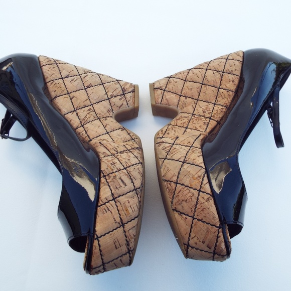 Chanel Quilted Patent Leather CC Wedge Pumps - Picture 6 of 8